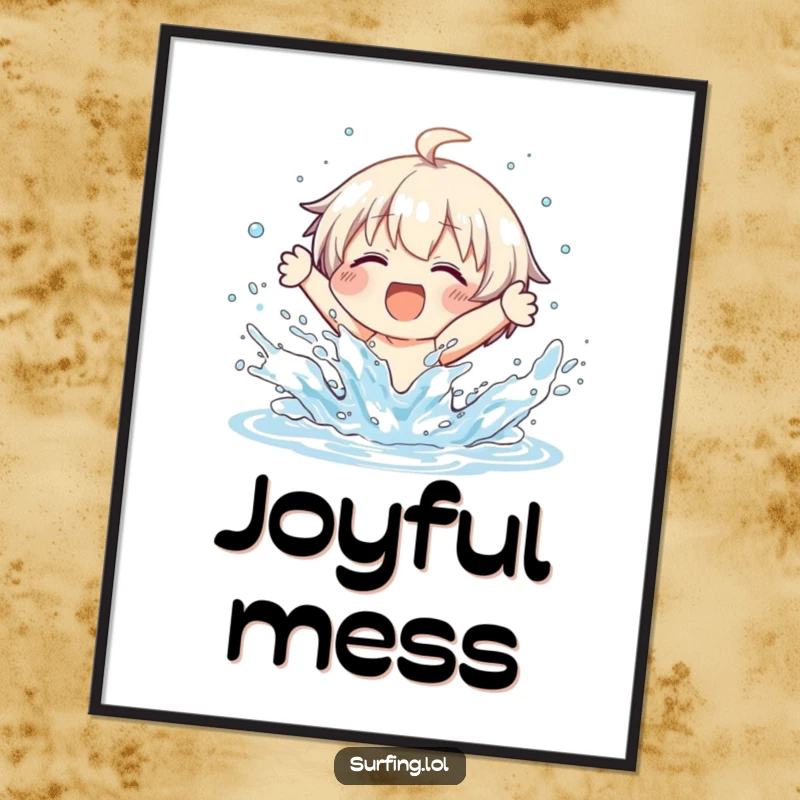 Funny poster of a character joyfully wiping out on a surfboard, with water splashing everywhere, for playful decor.