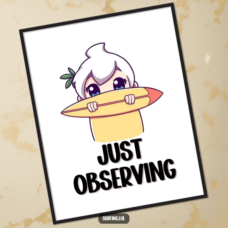 Funny poster: A character hiding behind a surfboard, peeking with wide, curious eyes, conveying a sense of delightful mischief and beach fun.