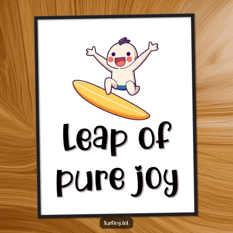 Funny poster showing a tiny character in mid-air, joyfully leaping off a surfboard with a huge smile and energetic pose.