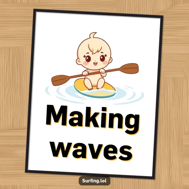 Funny poster art of a cute character paddling with determination through calm water, conveying energy and focus.