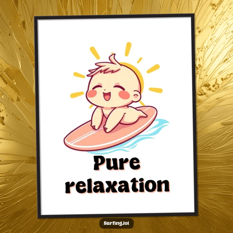 Funny Sunbathing Character Poster: A small character sunbathing on a surfboard with eyes closed and a relaxed grin, perfect funny gift.