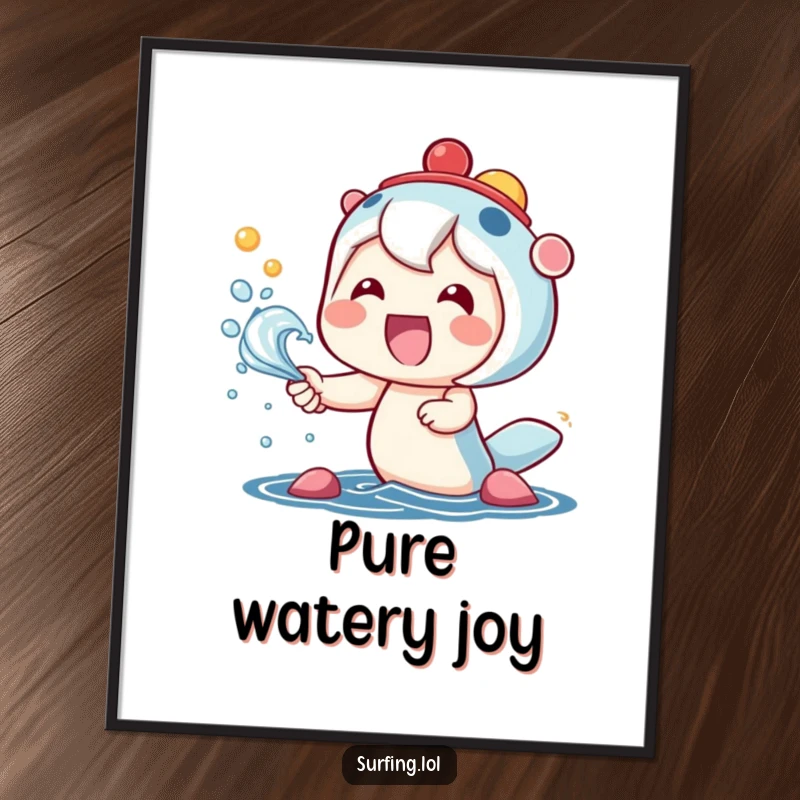 Funny poster of a kawaii character with a massive smile, joyfully catching colorful sea spray with pure delight.