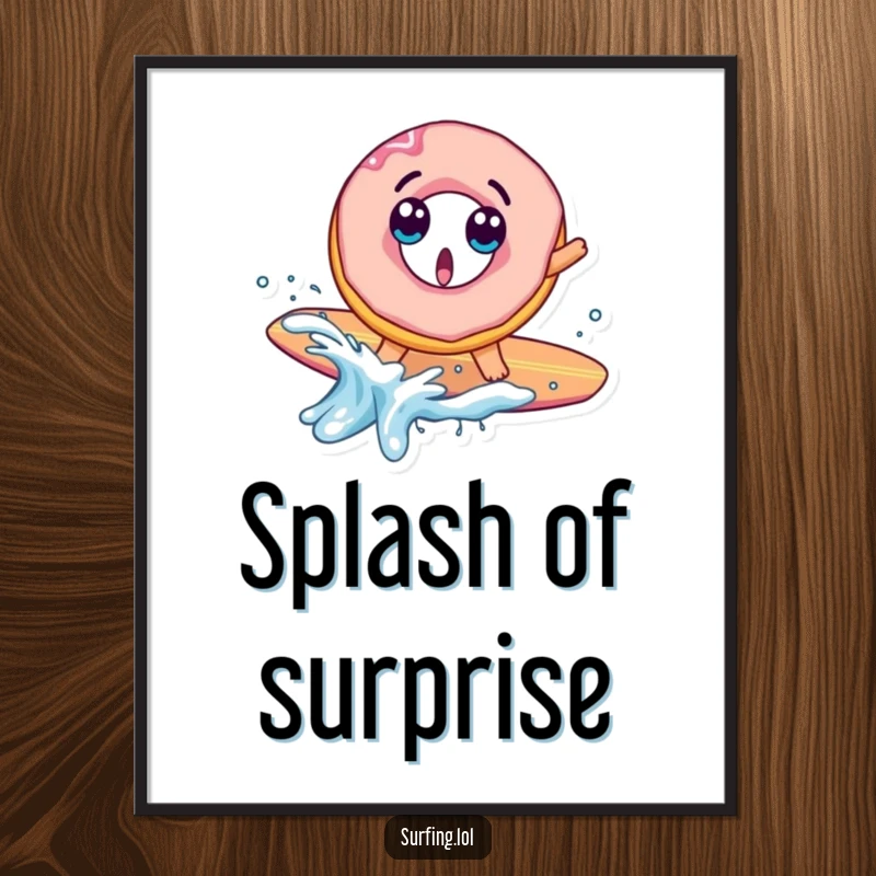 Funny poster of a surprised donut character falling off a surfboard with a big splash, radiating comical beach fun.