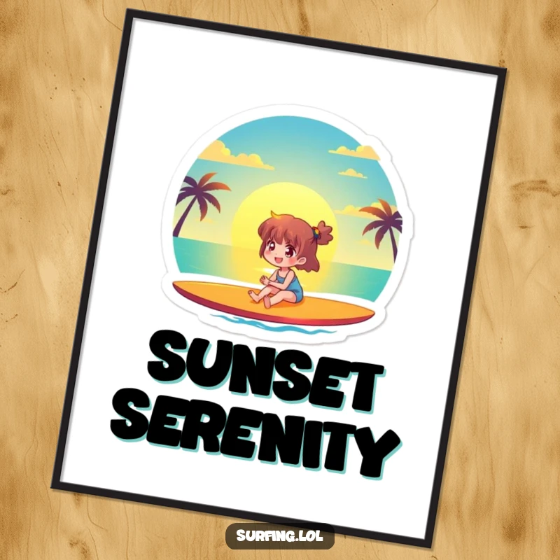 Funny poster featuring a joyful character watching a beautiful ocean sunset from a surfboard, perfect for adding peaceful beach vibes.