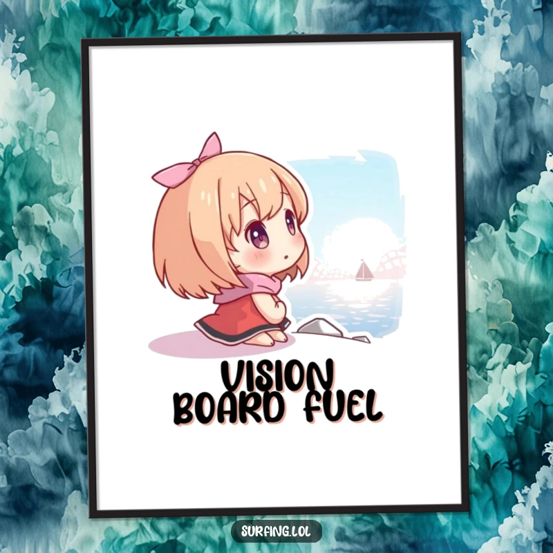 Funny poster of a character looking at a distant shore with hope, symbolizing aspirations and the pursuit of dreams.