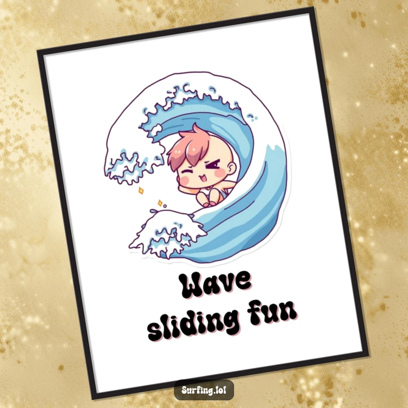 Funny poster of a character winking mischievously while carving down a wave, capturing the essence of stylish surfing.