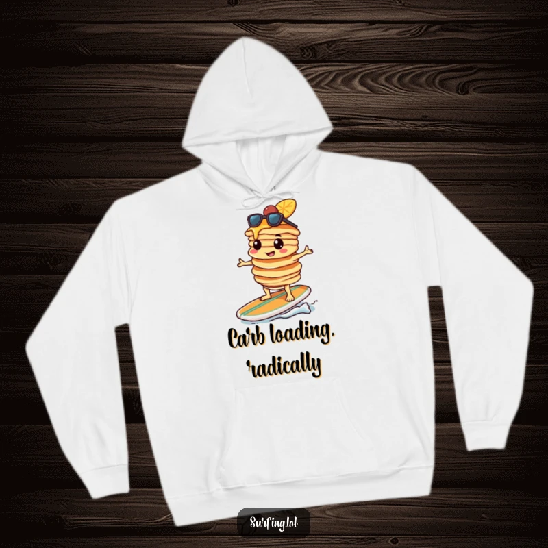 Funny pancake character, determined, wearing surfboard, balancing pancakes, ready to surf, warm and cozy hoodie design, humorous.