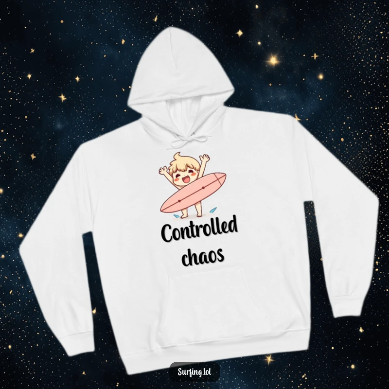 Funny hoodie depicting a character happily flailing arms after clumsily dropping a surfboard, conveying a sense of joyful mishap.