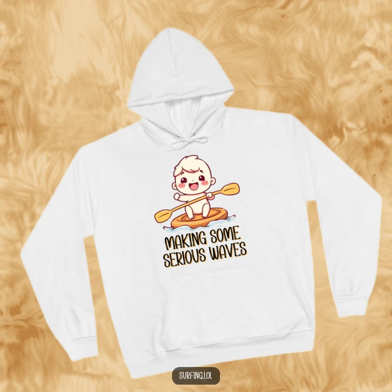 Funny hoodie print of an adorable character paddling with big, joyful strokes, embodying pure excitement and a playful spirit on the water.