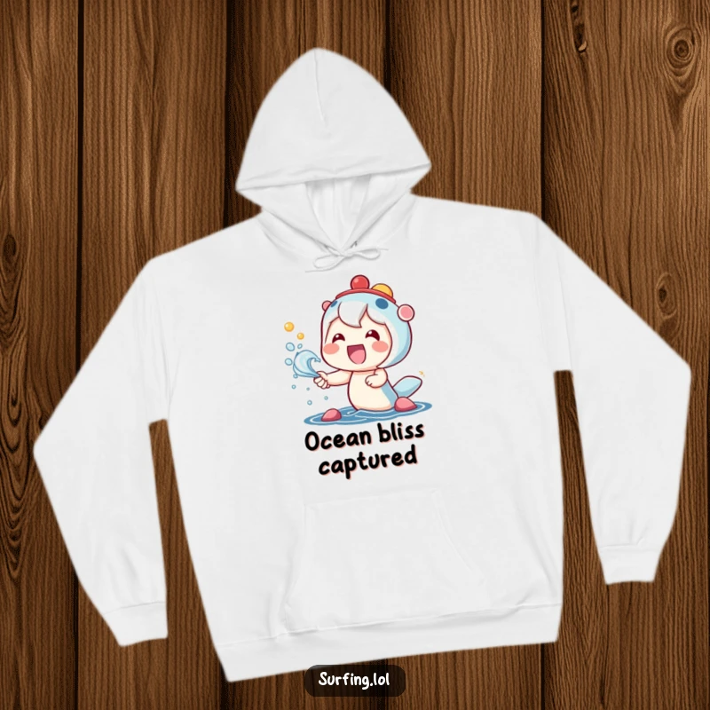 Funny hoodie featuring a kawaii character with an enormous smile, joyfully interacting with colorful splashes of sea spray.