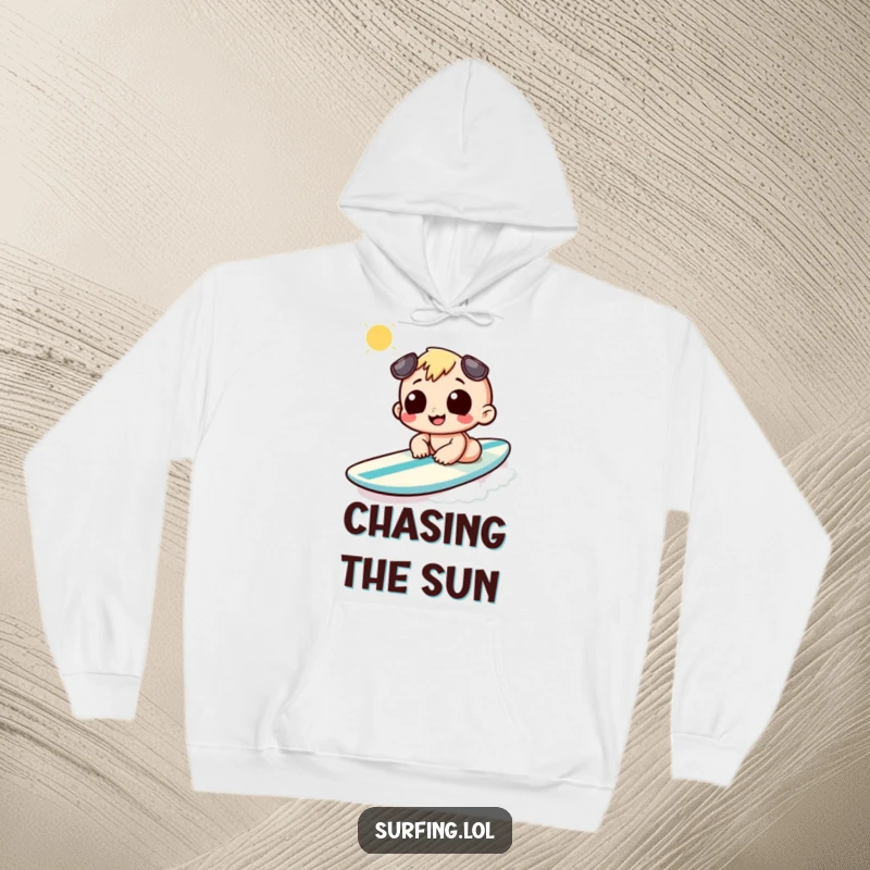 Funny hoodie with a character sunbathing on a surfboard, offering warmth and a relaxed, humorous beach vibe.
