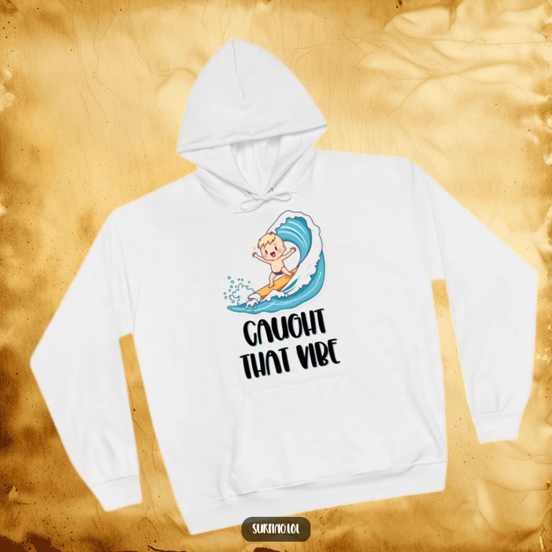 Funny hoodie showing a charming figure doing a playful dance after successfully catching a wave, full of triumph.