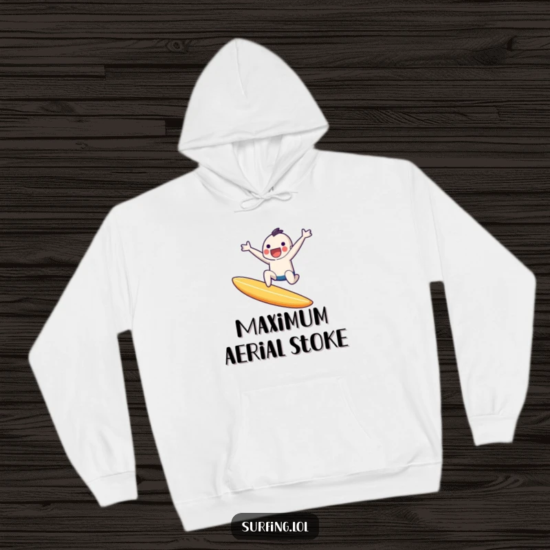 Funny hoodie featuring a tiny character executing an exuberant jump off a surfboard, caught in mid-air with pure joy.