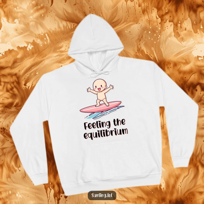 Funny hoodie showing a tiny figure balancing perfectly on a surfboard, arms out, offering warm and funny comfort.