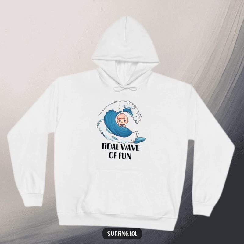 Funny hoodie showing a tiny character peeking excitedly from behind a large ocean wave, embodying adventurous curiosity and playful spirit.