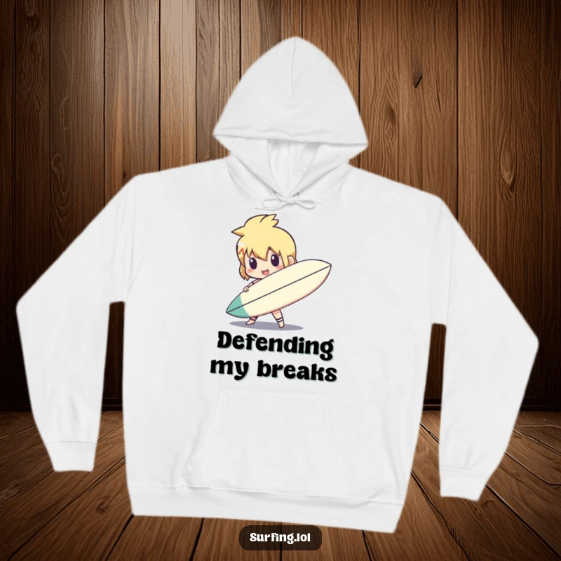 Funny cute character holding a surfboard like a shield, a brave pose on a hoodie, ready for anything, a funny gift.