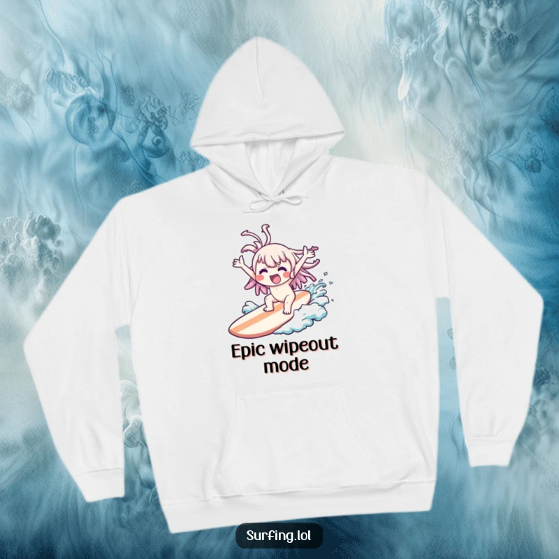 Funny Wipeout Kawaii Hoodie: A kawaii character wiped out comically on a surfboard, arms flailing joyfully, ideal funny gift.