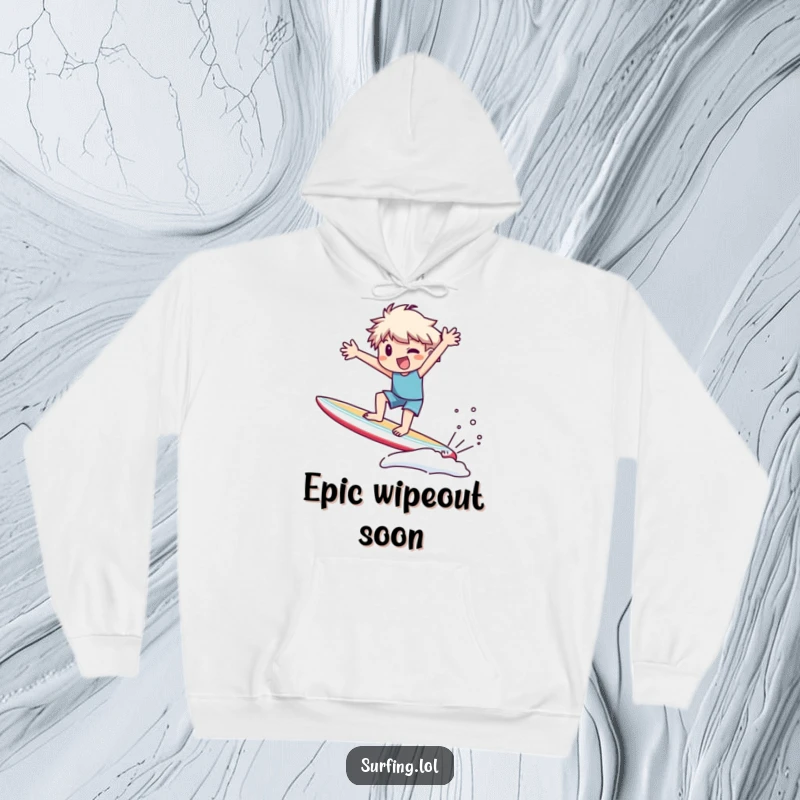 Funny Hoodie: Character precariously wobbling on a surfboard with arms flailing, offering cozy, humorous chaos.