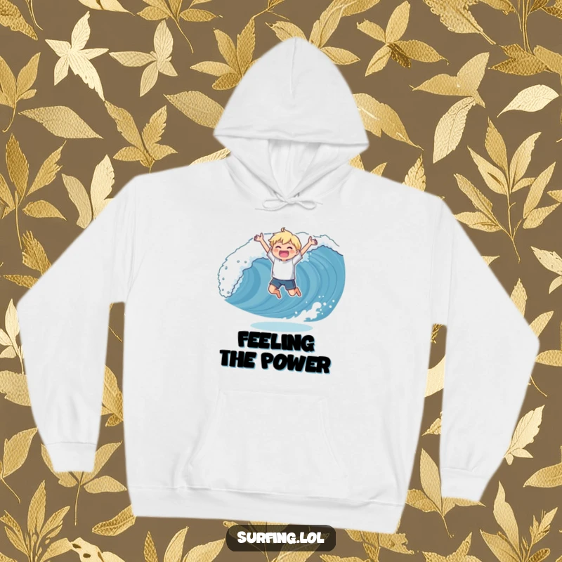 Funny hoodie showing a character exultantly catching a wave in a triumphant pose, embodying the joy of surfing and victory.