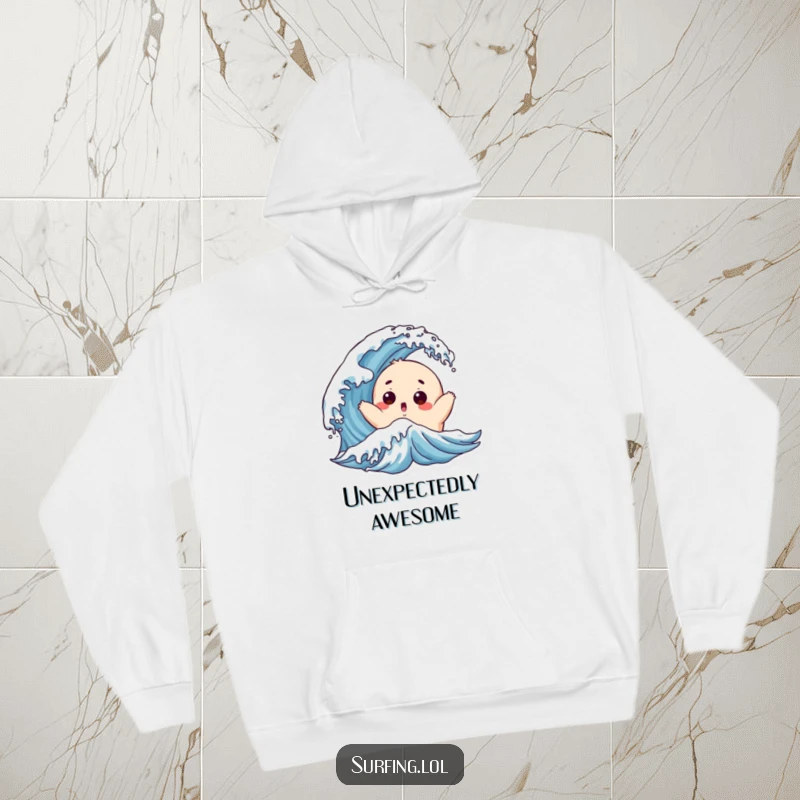 Funny Chubby Surfer Hoodie: A surprised, chubby character is playfully tossed by a wave, embracing the fun.