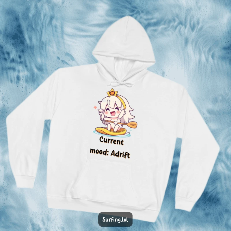 Funny character in a hoodie, paddling a canoe with a big smile, cozy gift.