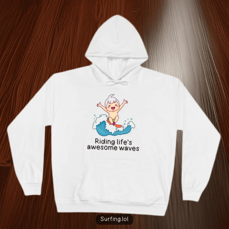Funny Hoodie: Adorable character riding a surfboard on a cresting wave, arms flung wide in absolute ecstasy and fun.