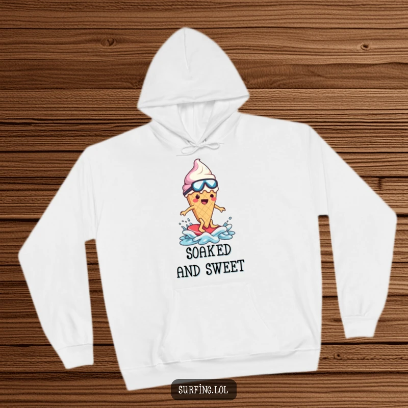 Funny ice cream cone character, melting dramatically, wearing a hoodie, surfing, comical disaster, humorous.