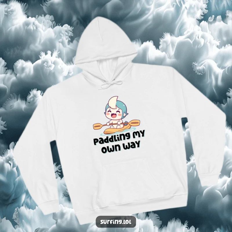 Funny hoodie with a determined character paddling, showcasing a grin and adventurous spirit, perfect for cozy, humorous wear.