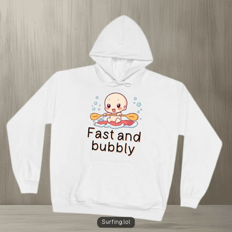 Funny hoodie showing a character paddling furiously, leaving a trail of excitement and bubbles.