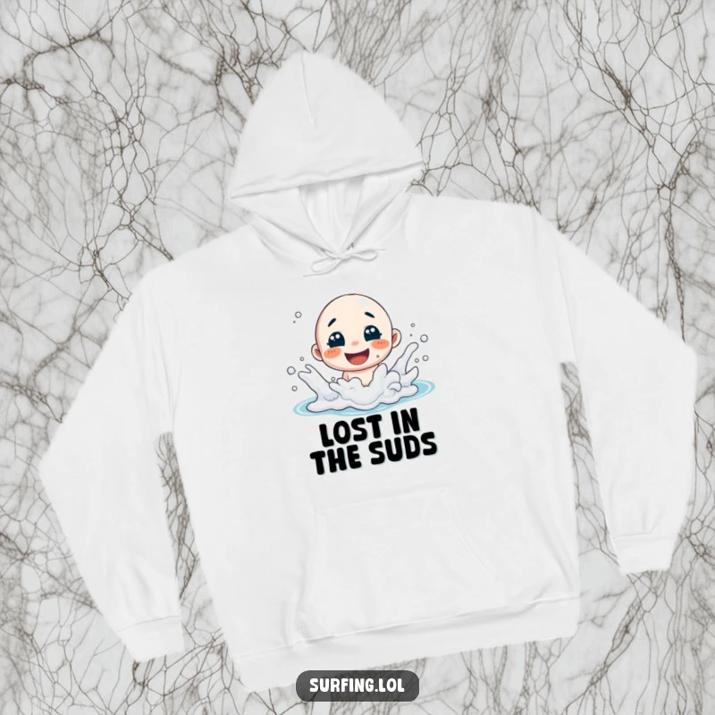 Funny hoodie depicting a character having a blast splashing in ocean foam with a wide, infectious smile, perfect for cozy fun.