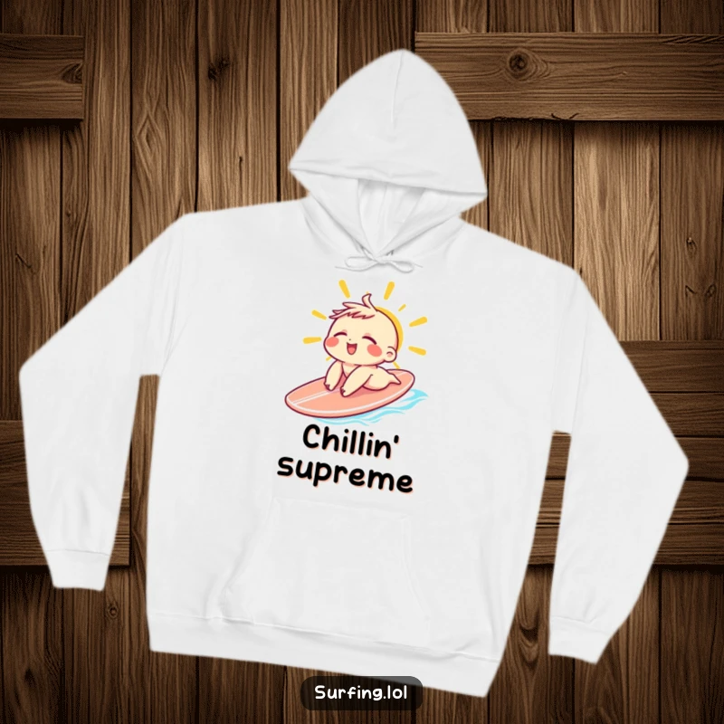 Funny Sunbathing Character Hoodie: A small character sunbathing on a surfboard with eyes closed and a relaxed grin, ideal funny gift.