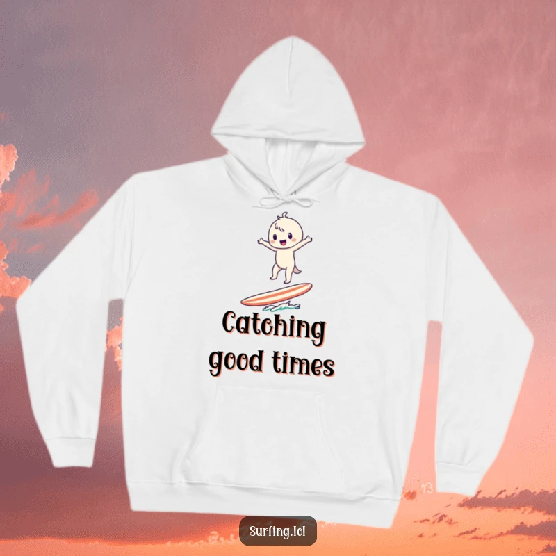 Funny Surfer Character Hoodie: A cute character balances on a surfboard, arms spread wide, in a funny pose.