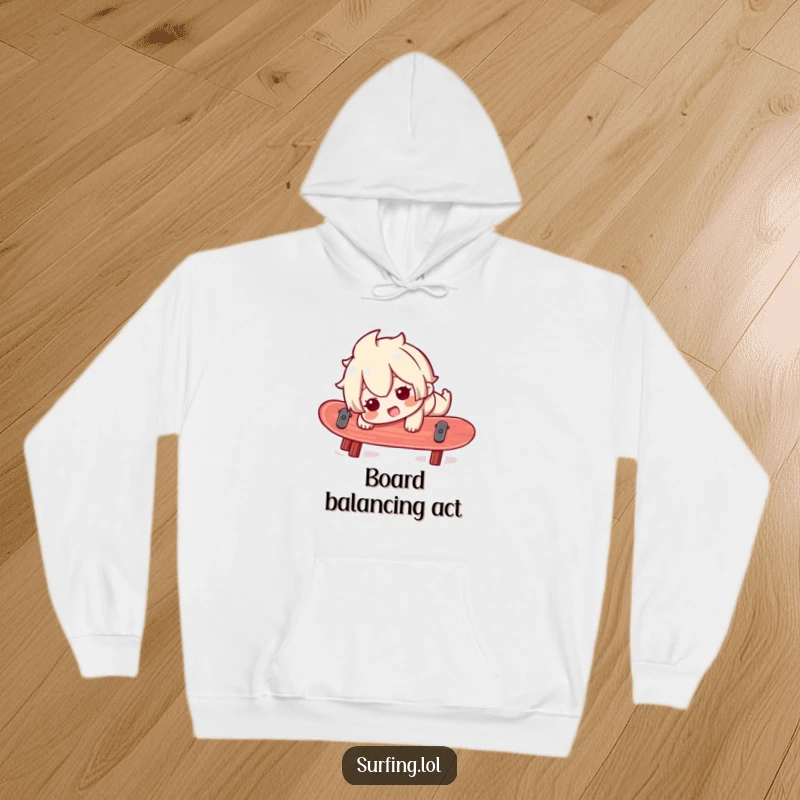 Funny hoodie with a character humorously losing balance on a surfboard, expressing surprised delight, perfect for cozying up with a laugh.