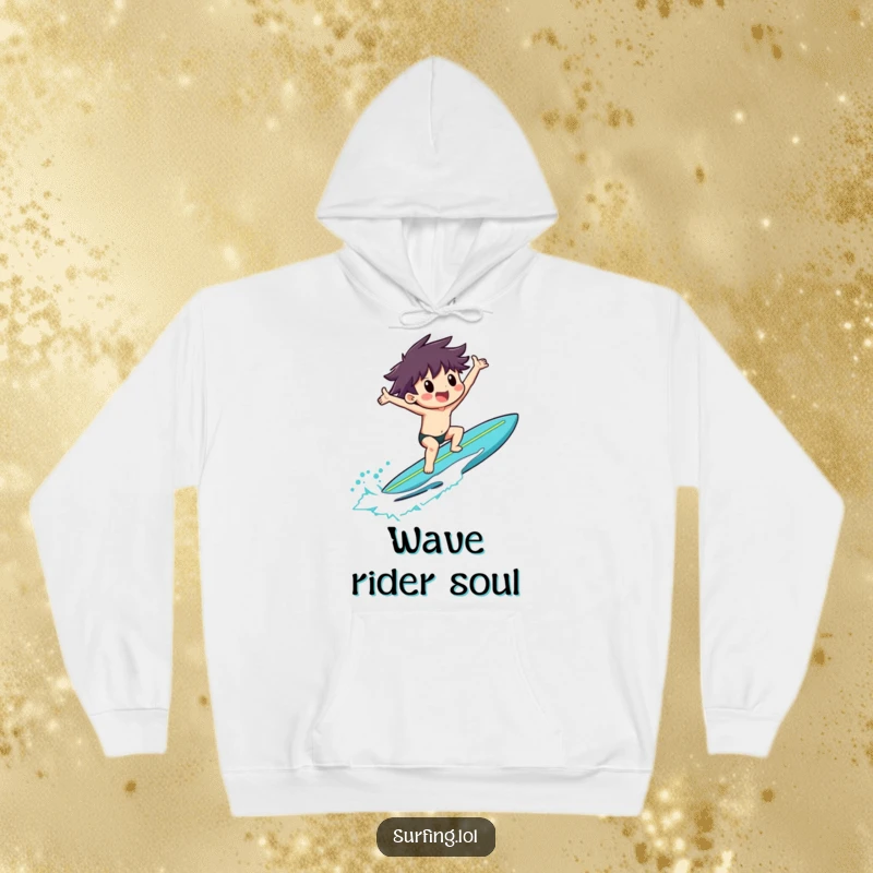 Funny hoodie of a surfer riding a surfboard with arms outstretched in exultation, capturing the thrill of the ride.