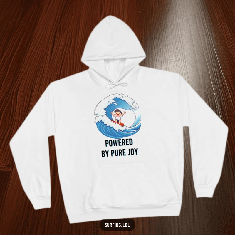 Funny Wave Rider Hoodie: A gleeful character rides a massive wave, arms outstretched, radiating excitement and fun.
