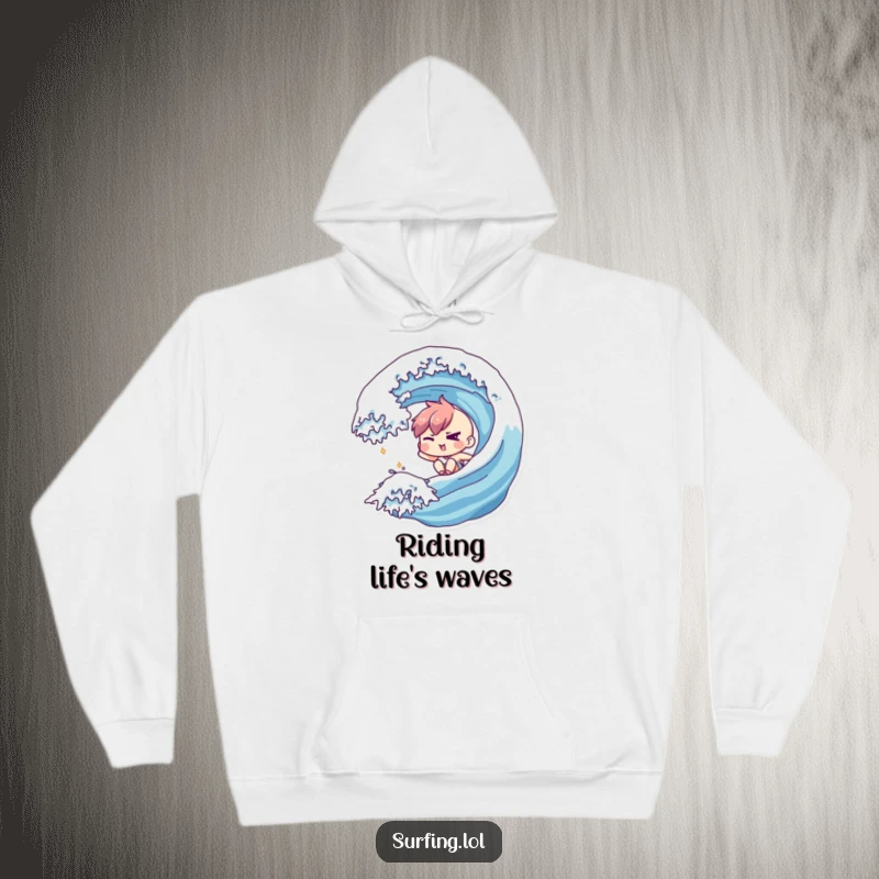 Funny hoodie depicting a character sliding down a wave with a mischievous wink, embodying daring and fun.