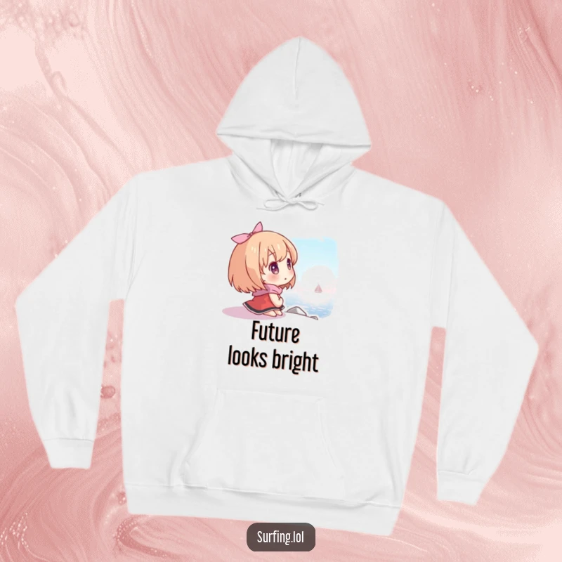 Funny hoodie with a character looking towards a distant shore with hope, symbolizing future possibilities and comfort.