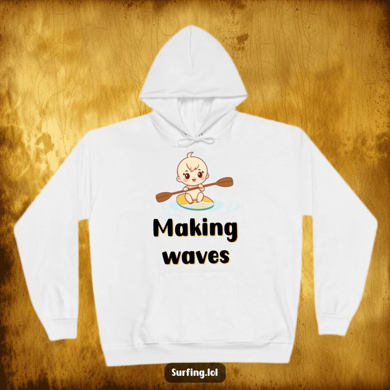 Funny hoodie print of a cute character determinedly paddling through calm water, perfect for staying warm and motivated.