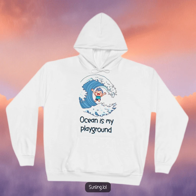 Funny Hoodie featuring a cute character with a triumphant grin, surfing a giant wave, designed for warmth and beach style.