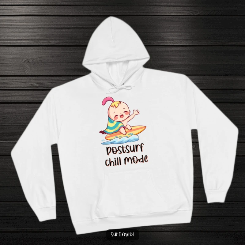 Funny joyful character playfully wiping across surfboard with a colorful towel on a hoodie, cozy and humorous, a funny gift.