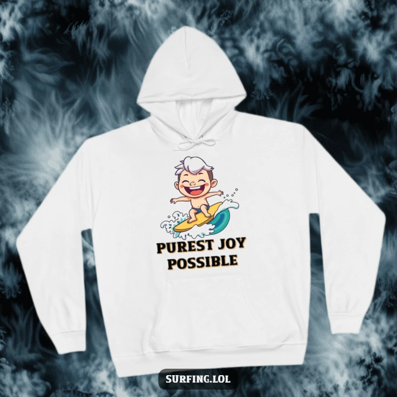 Funny hoodie with a joyful character surfing a wave with a huge, goofy grin, offering warmth and embodying pure, unadulterated fun.