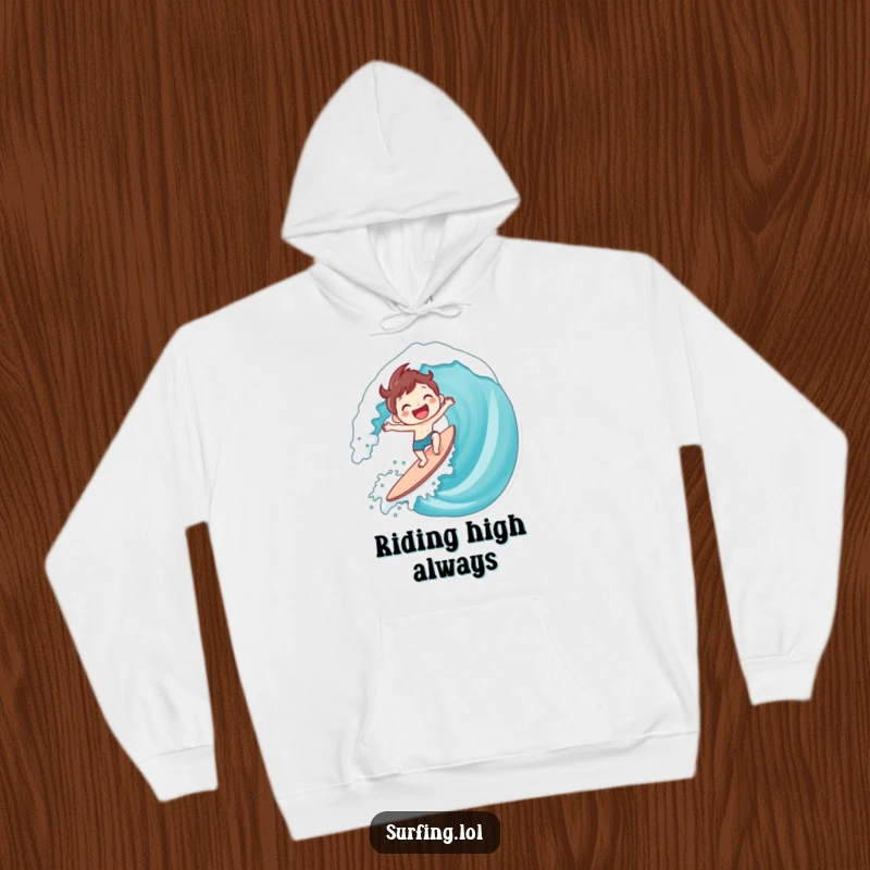 Funny Surfing Character Hoodie: A character happily riding a giant wave with a huge, cheerful smile, ideal funny gift.