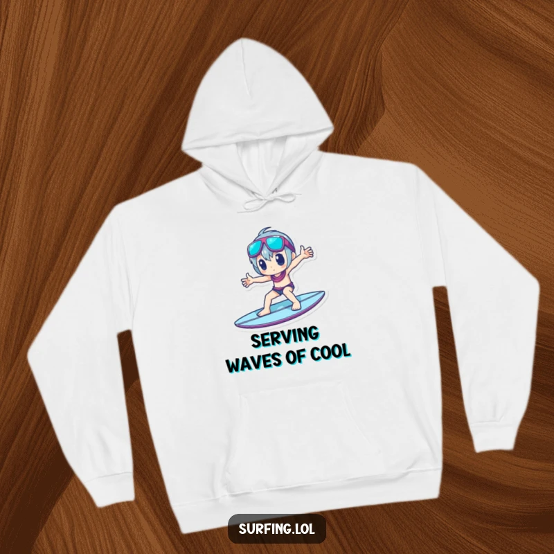 Funny Hoodie: A character confidently strikes a cool pose while standing on a surfboard, embodying surfer style.