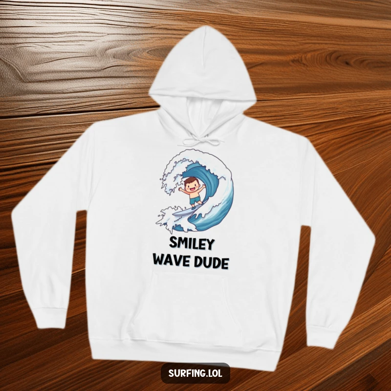 Funny Hoodie: Character joyfully surfing a massive wave with a smiley face, offering cozy, humorous beach vibes.