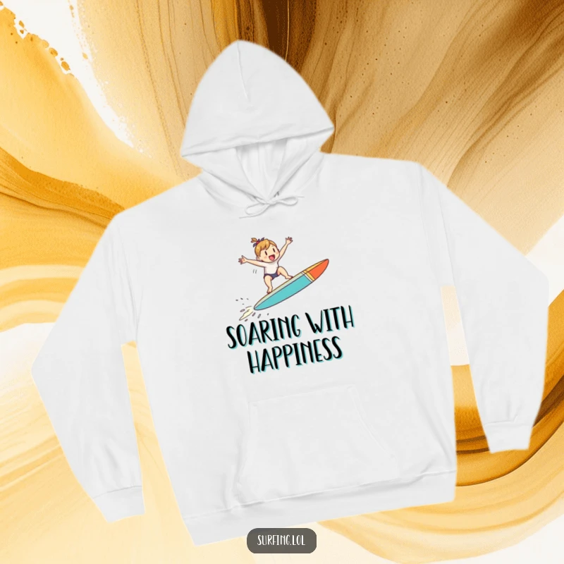 Funny hoodie showing a small character jumping with joy on a surfboard mid-air, offering warm and funny excitement.