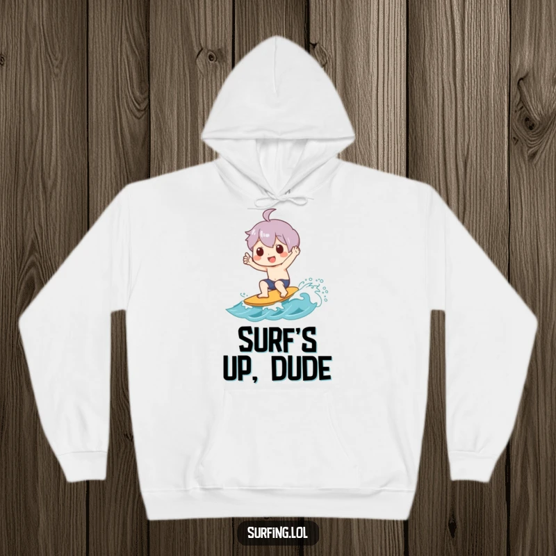 Funny hoodie print of a character joyfully giving a shaka sign while riding a small wave, perfect for cozy, cool comfort.