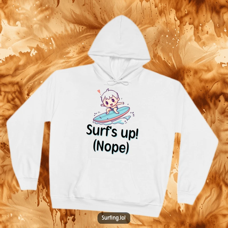 Funny hoodie depicting a small character comically losing balance and tripping while trying to surf, a humorous beach scene.