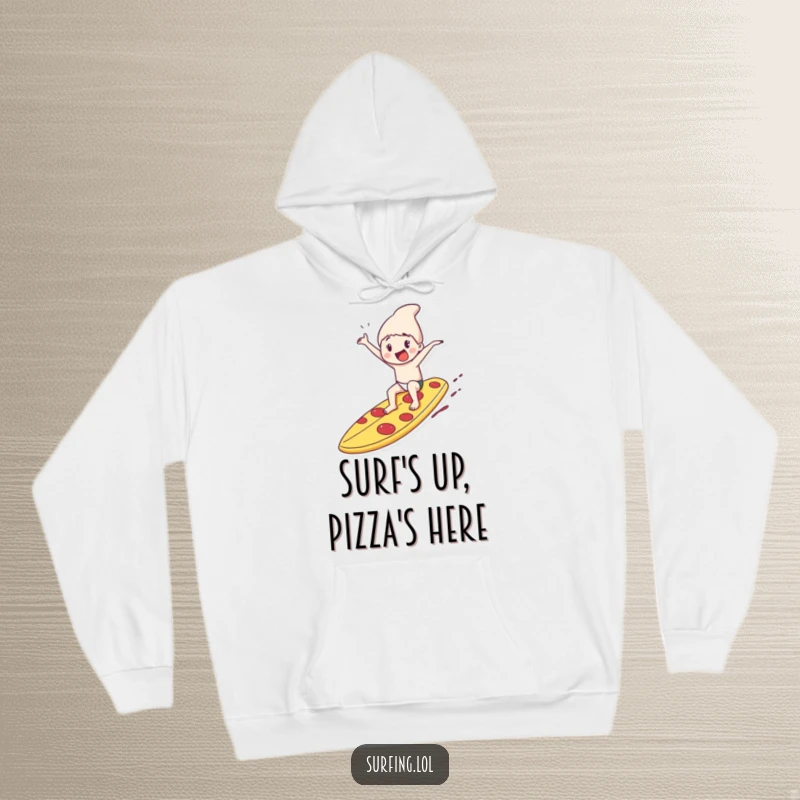 Funny hoodie depicting a character having a blast riding a giant pizza slice surfboard, embodying excitement and cheesy joy.