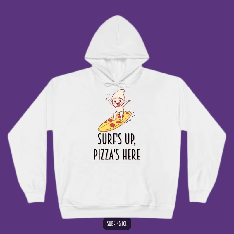 Funny Pizza Surfboard Hoodie: Cozy Character Riding a Slice, Perfect Warm Gift