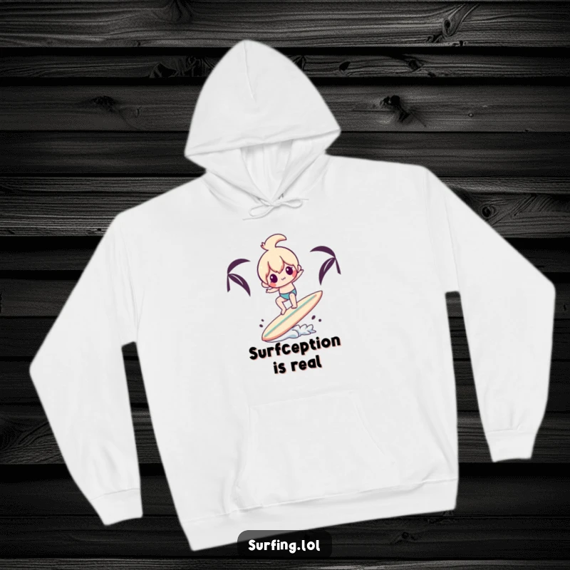 Funny hoodie depicting a character in a precarious balancing act on a surfboard, juggling another surfboard, perfect for cozy laughs.